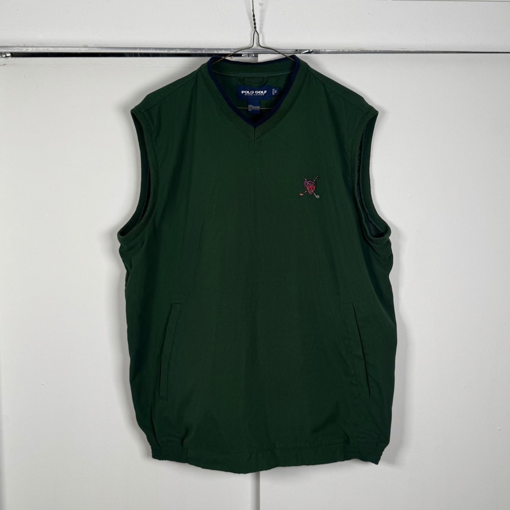 Polo Golf Ralph Lauren Mens Green V-Neck Windbreaker Vest Crest Logo Medium